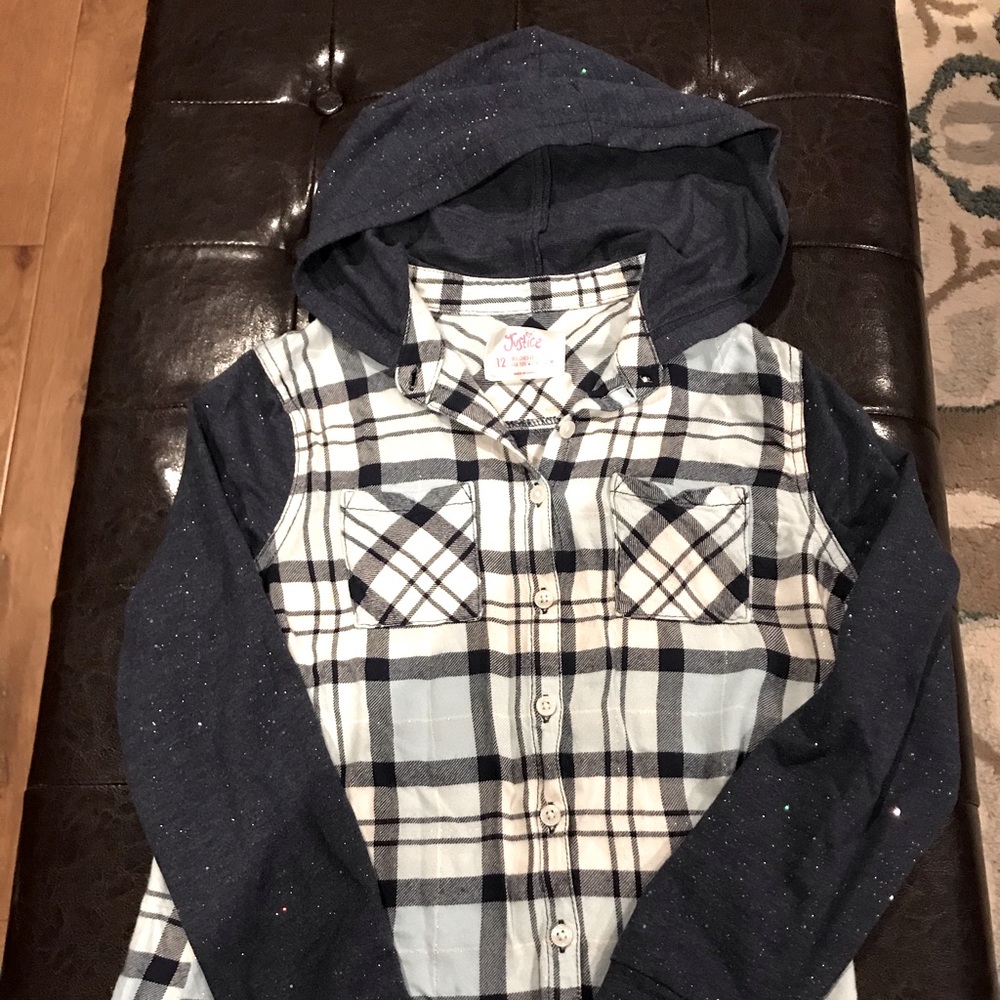 Justice Navy Blue and White Plaid Shirt w/Hoodie